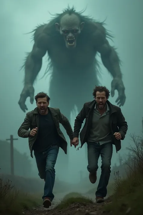 Two guys running away from a monster