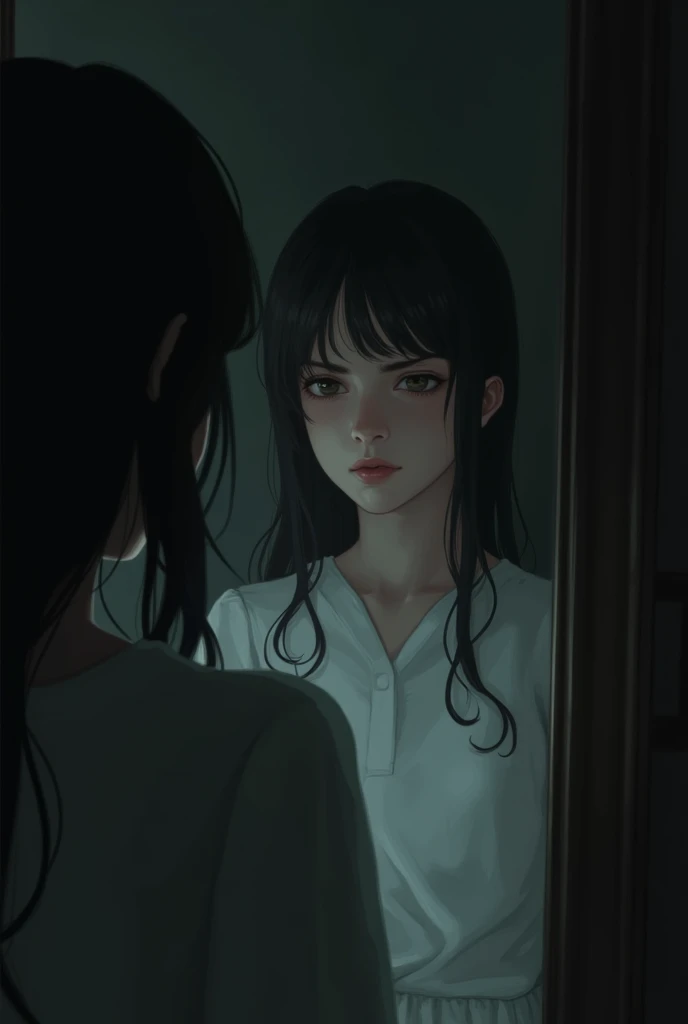 A beautiful girl is looking at the mirror upset dark