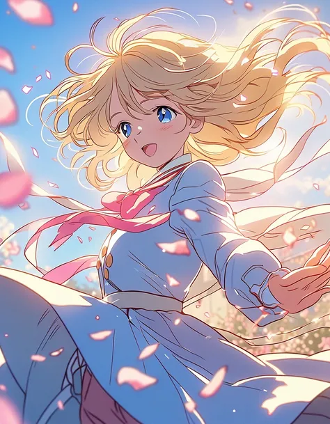 (dynamic angle:1.3),extreme closeup,windy,cinematic highlight,1girl,upper body,dacing,looking at viewer, violet_evergarden, solo, jewelry, blank eyes,brooch, blonde_hair,( vevry long hair:1.2),floating hairlong_sleeves, ribbon, blue_eyes, jacket, dress, ge...