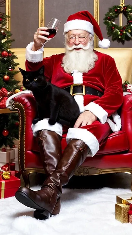  Santa Claus in boots 、Smoking cigarettes、Having fun drinking wine 、 sitting in a gorgeous European chair、warm部屋の中、A black cat 、The background is a shining Christmas tree 、Cheerful、fun、warm