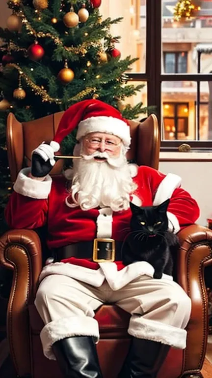  Santa Claus in boots 、Smoking cigarettes、Having fun drinking wine 、 sitting in a gorgeous European chair、warm部屋の中、A black cat 、The background is a shining Christmas tree 、Cheerful、fun、warm