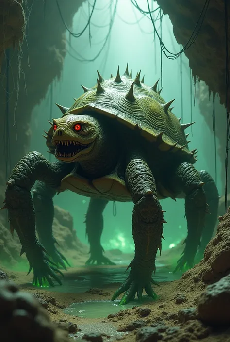 Create a terrifying hybrid creature that seamlessly combines the features of a tortoise and a spider into a monstrous, dangerous entity. The creature has the hardened, spiked shell of a tortoise, with spider-like legs emerging from its sides, sharp and joi...