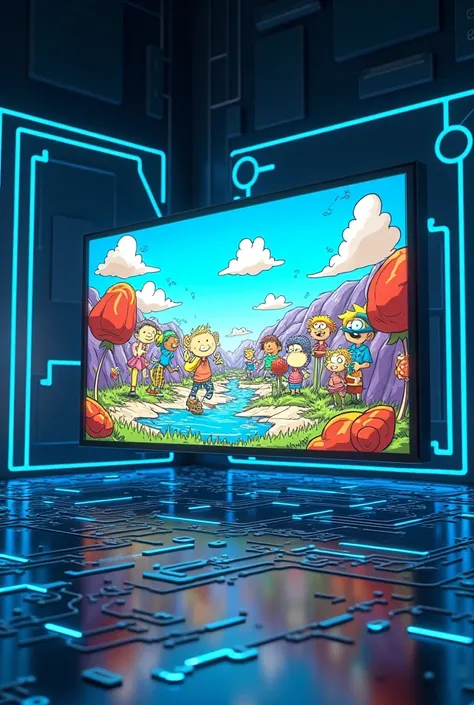 Giant glass flat screen tv, circuit board pattern, floating tv, tv room, rugrats cartoon on tv screen 