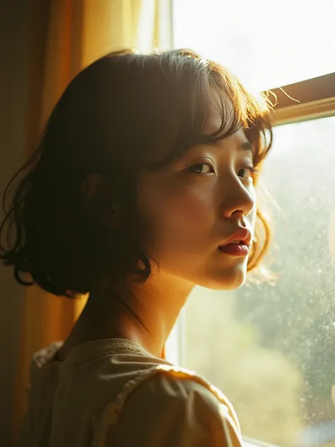 a japanese young woman, young face, curly bobcut hair, morning, window, imperfect details, shot on Leica, analog, 35mm:artistic light leaks, lens flare:4 --style raw --s 150 --c 4