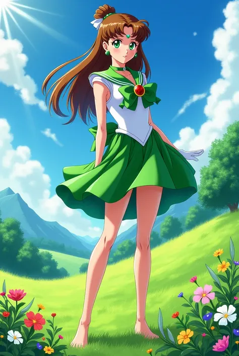 Sailor jupiter in green summer dress in 90s anime style.