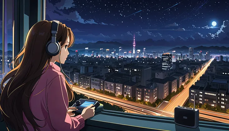 Woman with long hair looking at night view, cityscape, listening to music on the radio, anime style