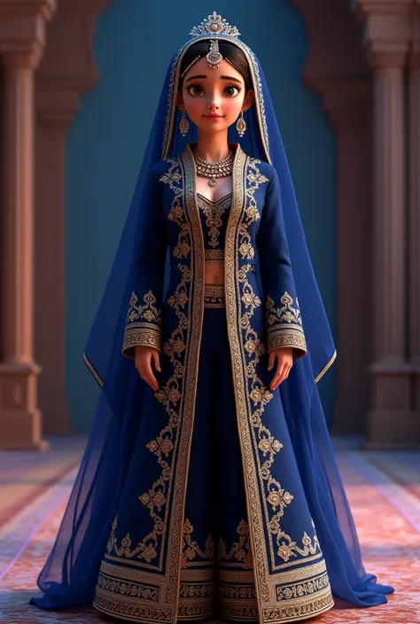 Craft a 5-second, 4K (3840x2160), 24fps Pixar-style 3D animated full-body sequence presenting JABS in a magnificent midnight blue angarkha-style bridal outfit. The ensemble features a cross-over style long coat with elaborate gold and silver thread karigar...