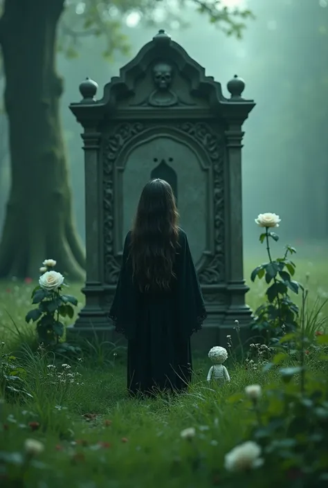 Create a tomb ,  a doll and a white rose on a green field, with a  crying in the grave backwards 