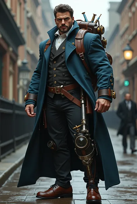  STRONG MAN, robust,  with mechanical left leg ,  Victorian retrofuturistic style prosthesis ,  Photo, full hd, 8K, cuerpo completo, Gothic, steampunk, Dark,   dark fantasy  ,   Victorian style  , 19th century, , (((cuerpo completo))) In 19th century Londo...