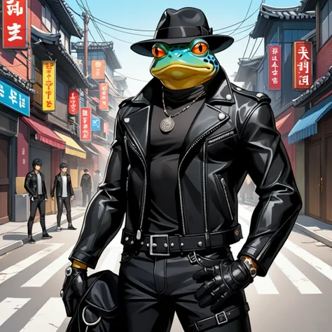 Closeup, Korean webtoon style illustration, an extremely badass anthropomorphic light blue and white bullfrog wearing an insanely cool black leather biker jacket open, black fedora, black shirt, black leather biker gloves, black leather biker pants, standi...