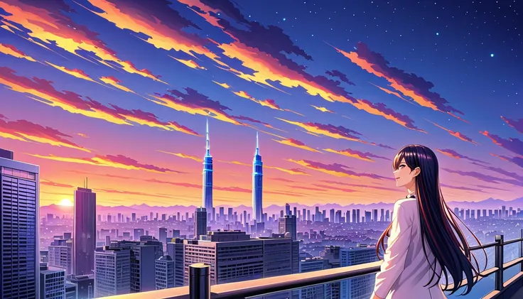 Woman with long hair looking at night view, cityscape, listening to music on the radio, anime style