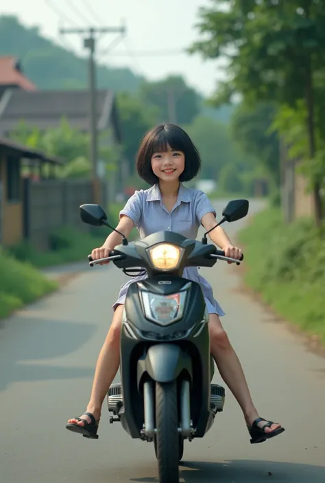 Thai teen girl with short hair wearing a school dress, short skirt, riding a motorcycle in the back of the road. Realistic photography