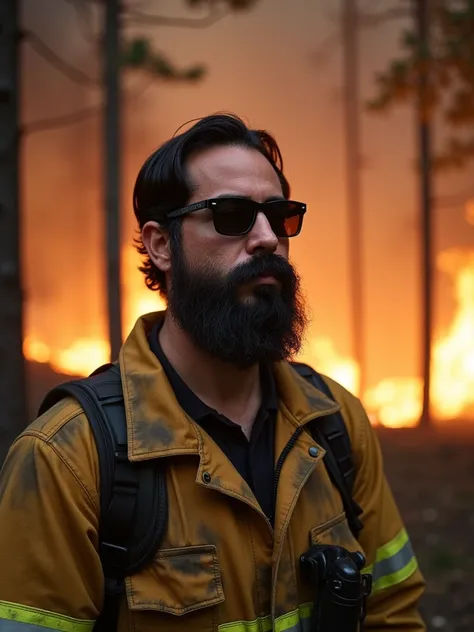  A super realistic image of a 38 year old looking male who wears sunglasses Obscure,  captured on a medium plane showing the upper part of his body .  He is standing near a raging forest fire .,  With flames and smoke billowing behind him .  His facial fea...