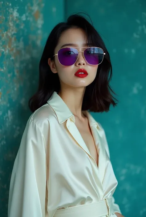 Best Masterpieces, Photorealistic Portraits, Fashion Photography with Fine Details, Korean Woman with Oversized Purple Aviator Glasses, Red Lipstick, White Silk Blouse, Teal Textured Background, Soft Glamorous Lighting, Professional Beauty Photography, Stu...