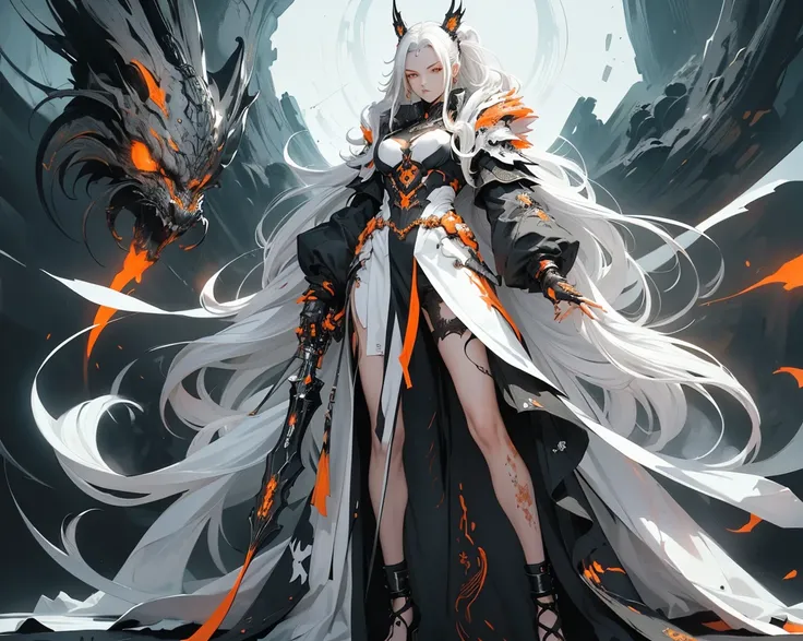 full body shot, Style by Tsutomu Nihei,(incroyablement absurdres, ( high resolution:1.18),  complex details, ( masterpiece:1.1), ( superior quality :1.1), absurdres),(1fille, portrait, white hair, orange eyes,  Long Hair,  detailed eyes), full body shot