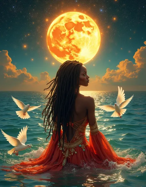 (photorealism:1.2) beautiful black woman, sitting in the ocean, with the sun and the moon eclipse in outta space, orisha goddess wearing red and white, with dreadlocks, white doves flying around her, realistic, aquarius themed mixtape cover, intricate deta...