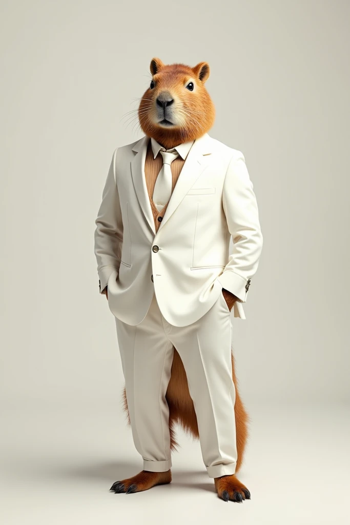 A full-body photo of an antromodica capybara with capybara skin I like a white suit