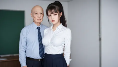 two-shot of an elderly man and a female student、 standing、 full body shot、 female high school student is 18 years old 、 japanese...