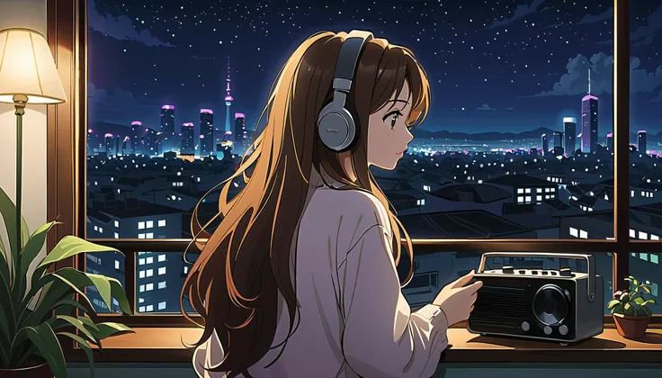 Woman with long hair looking at night view, cityscape, listening to music on the radio, anime style