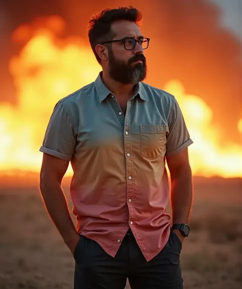  masterpiece, field blur,  upper body , Hands in pants pockets ,  38 year old man with beard and square glasses .  Man wearing a shirt with color gradient in an action movie with a firestorm in the background.