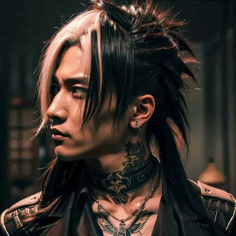 1 man, Japanese man, male, Asian eyes, muscular, broad shoulders, yakuza tattoos, hairstyle Visual Kei style, hair Visual Kei, black mens shirt and black pants, ultra detailed face, hyperrealistic, realistic representation, long hair, long hair, 30 years o...