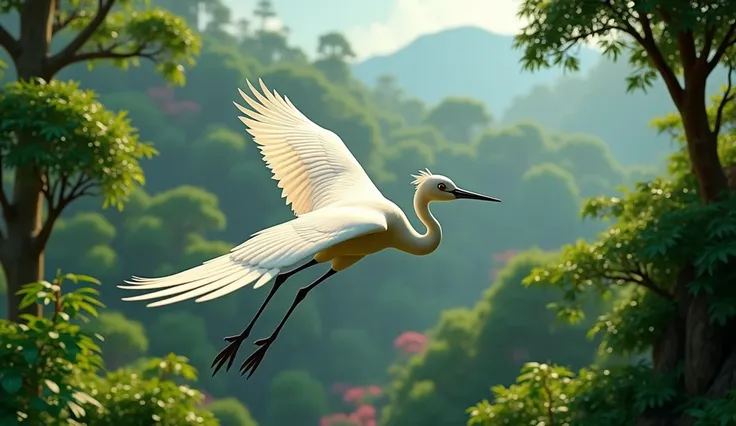 A white crane flying top of jungle, top view (3d pixar cartoon) 