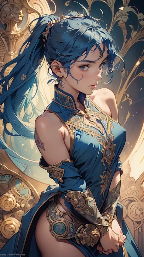 ((Detailed face)),((Muchas style)),(vulgar),(portrait),,blue hair,side ponytail,(arms behind back:1.2),((addiction to sex))((light-armed warrior)),(high position:1.6)
