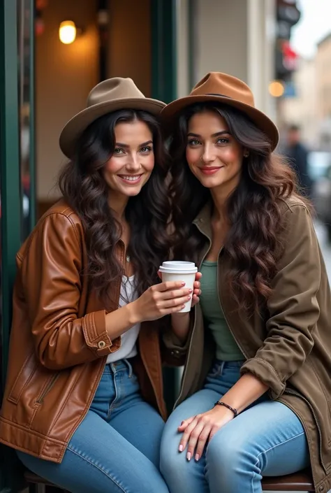 2 Pretty women (one of them 25 years old, the other is 55 years old. Both looks terrific), cute, huge natural breasts, brunette hair curly/flowing, detailed dark brown eyes and face, not to skinny, make it ultra-realistic, western european women, in the st...