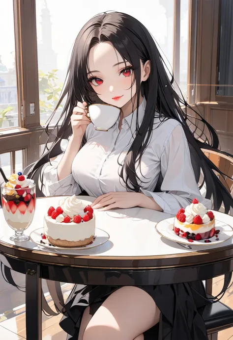 (delicate and beautiful), (immensely beautiful perfect illustration), (focus face, pov), (perfect parted center forehead) (delicate hime cut) (vivid black delicate straight long hair), (best cool girl) (age 18), (best cool red eyes), (love smile), ((best s...