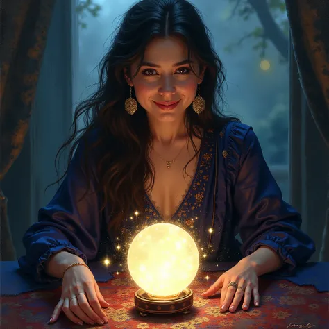 Impressionism painting , graphic , gold earring , smiling , fortune teller , crystal on table , viewer , mystical , magic , shining , shining , dark magic lighting , sulky , cinematic , sparkling , shimmering , darkness