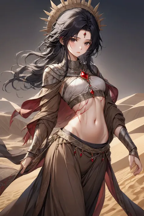 Female, 28 years old, 173 cm tall, good figure, perfect figure. Dressed like a desert person in the Middle Ages. She has a scar on her stomach near her navel. There was a red crystal stuck to his forehead, and he had beautiful black hair.