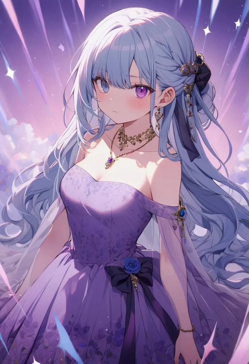 Full body angle,  A bit wavy long baby blue hair, half updo, hair flowing beautifully, lady in her 20s with rose pink & purple heterochromia eyes, serious expression, elegant off shoulder light purple dress, pretty pattern on the gown, arm accessories, med...