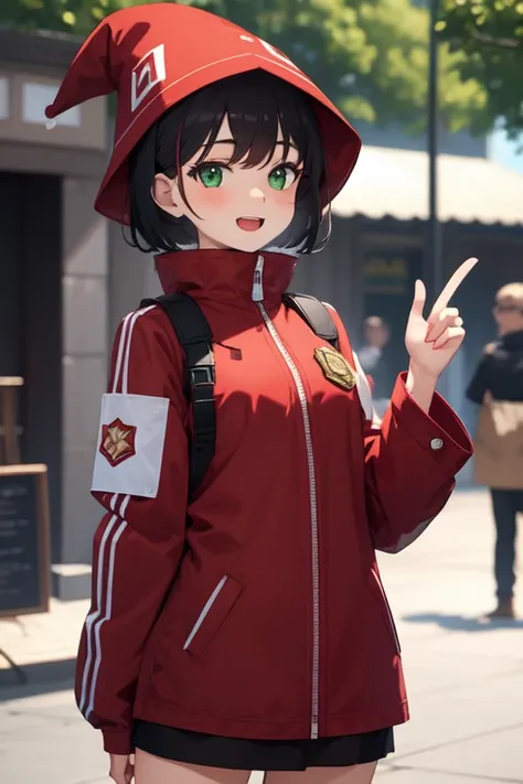 Girl wearing a wizard hat ,  green eyes,  short black hair with red tips , wearing a wizard costume and a big red jacket ,  happy looking at the screen and in a small square in the background (( The best quality)) (( masterpiece ))