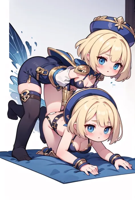 (masterpiece),  fantasy,  1 adult woman, Blonde, Bob Hair, Black Bikini, Wizard Armor,  lid is a hard chastity belt 、 blue eyes、 medium breasts、Too much exposure、Both legs are open、 on all fours、Rear view、 T-back 、Purple Stockings