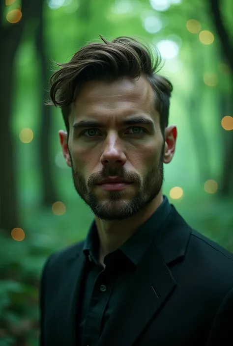 The most handsome man showing Straight face, full face visible no beard face Half of the body is visible with an image background. With green trees that shine brightly with supernatural light, there is a futuristic look with the most shady, fantasy green t...