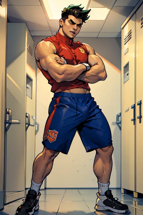 jake long from american dragon jake long, bodybuilder, sweaty, defined body, big legs, locker room, leaning against the lockers,...