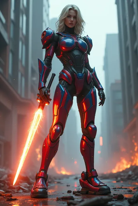 Looking at Camera A futuristic Japanese cyberpunk meccabot beautiful girl strong body, tall, breast sexy ,  wearing a sophisticated black metalic red mechanical armor stands on a above the building The armor is decorated with shining bluered lines, high-te...