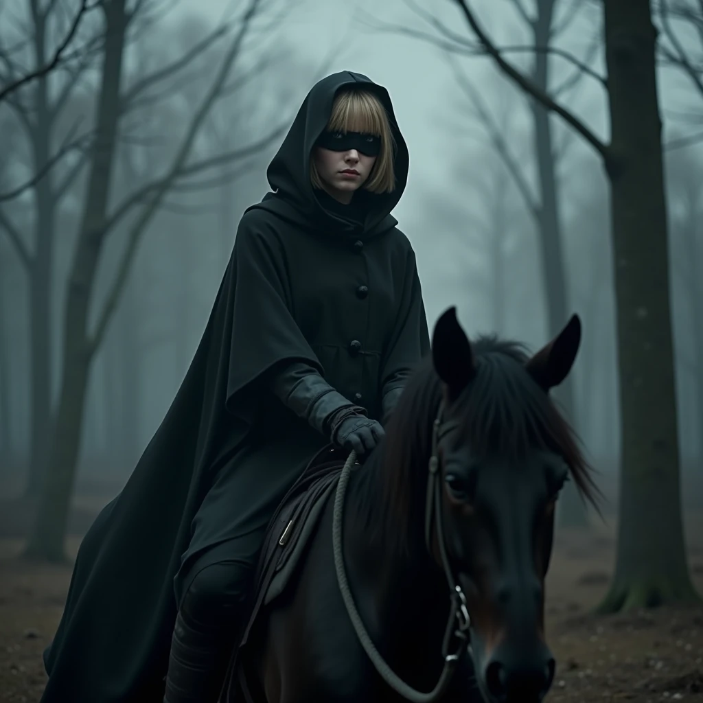 a girl, blonde short hair, wearing black blindfold, black cloak, hooded, in the middle of a barren forest, ridding a black stray horse, low light, realistic, asian, UHD, 8K, UltraSharp
