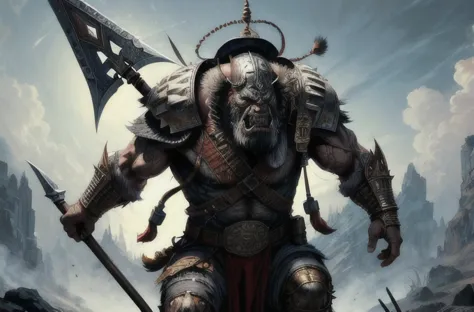 one ork, turk armor, dai li hat, polearm, muscular, full body focus, (masterpiece:1.2) (illustration:1.2) (best quality) (detail...