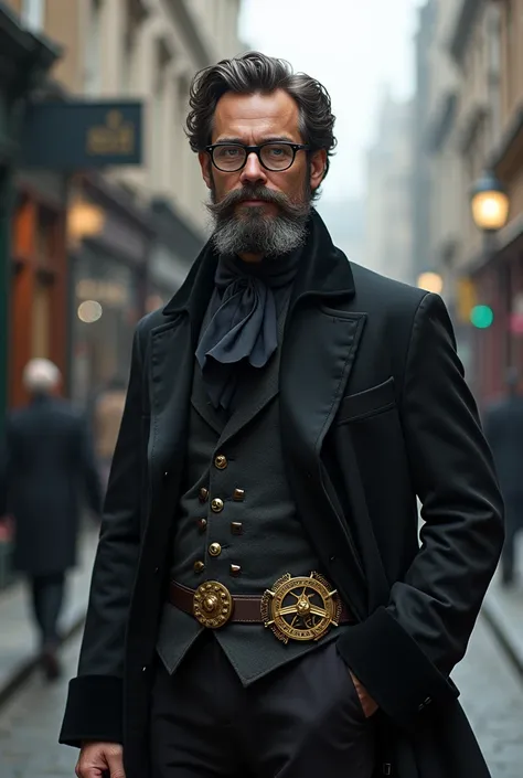 mature man,  with dark brown hair , gray hair on the sides , aquiline nose, glasses,  retrofuturistic Victorian style,  Photo, full hd, 8K, cuerpo completo, Gothic, steampunk, Dark,   dark fantasy  ,   Victorian style  , 19th century, , (((cuerpo completo)...