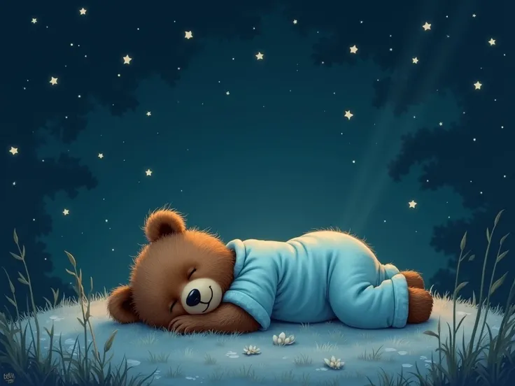 Dark blue late night background， Night color Starry ， There is a brown bear sleeping in the picture， with light blue nightgown ， Overall style A bit like an oil painting ，Color Deepening 