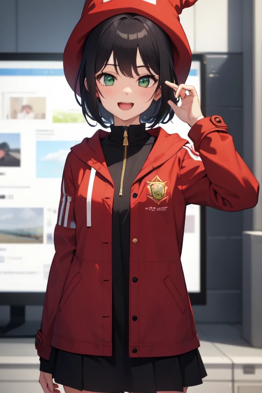 Girl wearing a wizard hat ,  green eyes,  short black hair with red tips ,  in a wizard costume and a big red jacket , happy looking at the screen ,  black skirt and in a small square in the background (( The best quality)) (( masterpiece ))