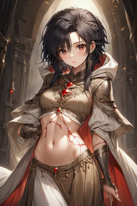 Female, 28 years old, 173 cm tall, good figure, perfect figure. Dressed like a desert person in the Middle Ages. She has a scar on her stomach near her navel. There was a red crystal stuck to his forehead, and he had beautiful black hair.