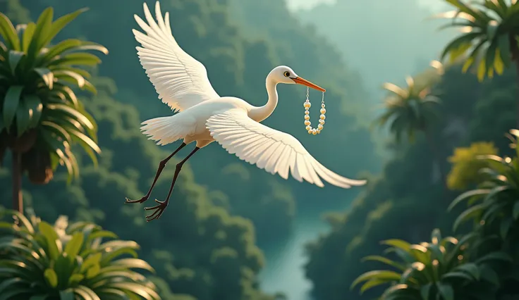 A white crane(white pearl necklace in his mouth) flying top of jungle, top view (3d pixar cartoon) 