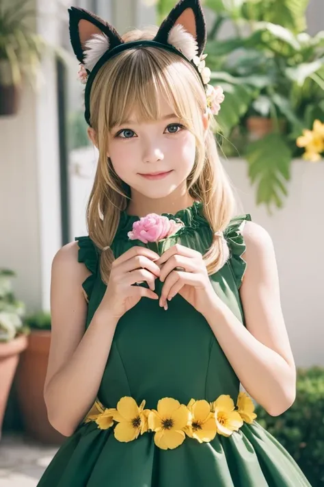  1 girl, :d,  animal ears の毛,  animal ears , bangs, black  headband,  blonde hair , Blur, Blur background,  depth of field,  dress, flower, flower pot, frilled  dress, frills, green  dress, Green Eyes,  headband, holding, Long Hair,  open your mouth,  Pink...