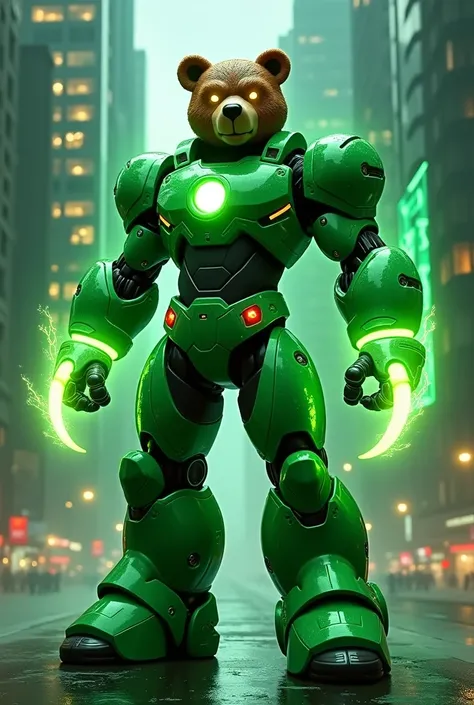 "A full-body artwork of a bear humanoid superhero in the style of MegaMan X, wearing emerald green cybernetic armor with glowing energy constructs around its arms, forming claws. The figure stands confidently, with a green cyber ring glowing on its hand. T...