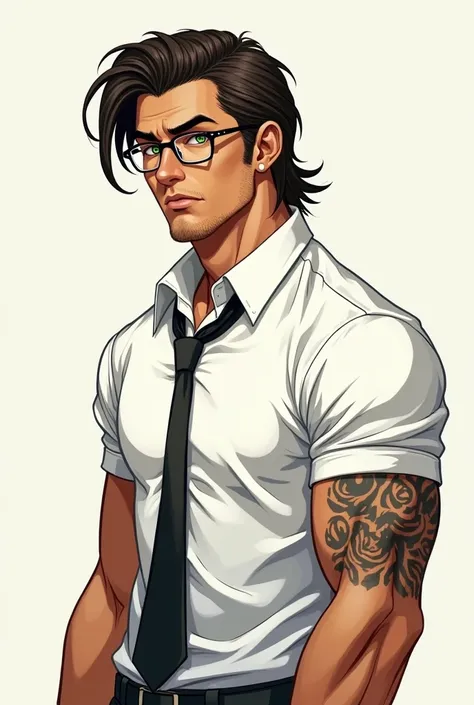  A hairless brown man with half-length hair and green eyes . Il est habillé dune chemise blanche aux manche retroussé jusquau coudes et dune cravate desserrer. He has a tattoo on his arms . Hes wearing eyeglasses. He is a bit muscular.  In a manga style .