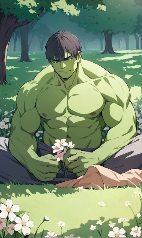 The Incredible hulk is calmly sitting in an idyllic pasture, he has picked a flower and is calmly sniffing it before he lies on his back and dozes off
