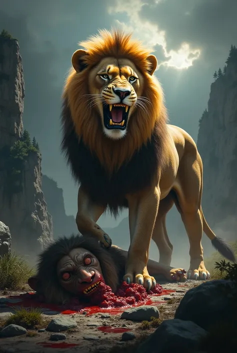 "A mighty lion with a golden, flowing mane stands triumphantly over the defeated form of a mythical creature resembling a werewolf. The lions piercing gaze and poised stance exude dominance and victory. The scene is hyperrealistic, with intricate details o...