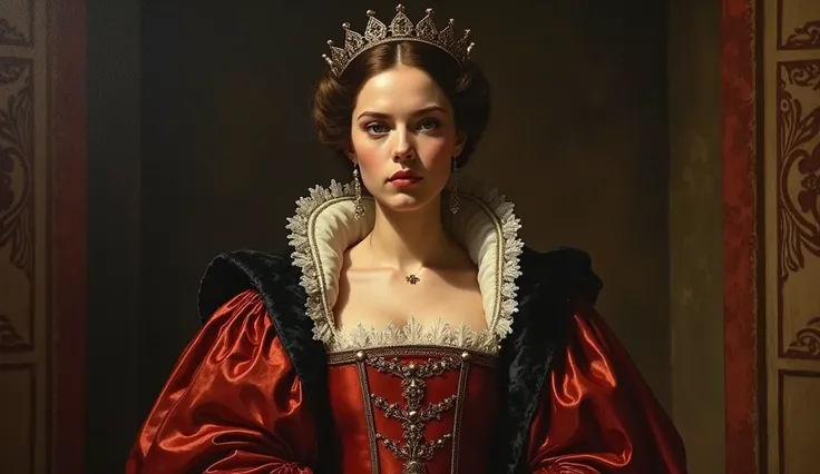 Highest quality stylized Anne Boleyn masterpiece, award-winning 5D oil painting art, perfect anatomy in perfect composition, long shot, hyper-realistic photography, intricate, 64k, UHD, HDR, (intricate eyes), extraordinary lips, subtle smile, gorgeous eyel...